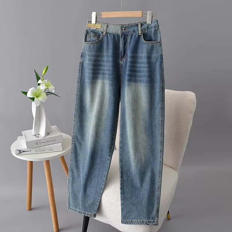 胖妹妹牛仔裤半松紧腰2025春季新款大码200斤宽松水洗哈伦老爹裤