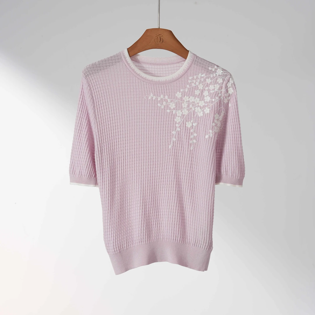 西子/【绣春】桑蚕丝方格肌理感刺绣百搭柔粉色针织上衣/MSBH1448