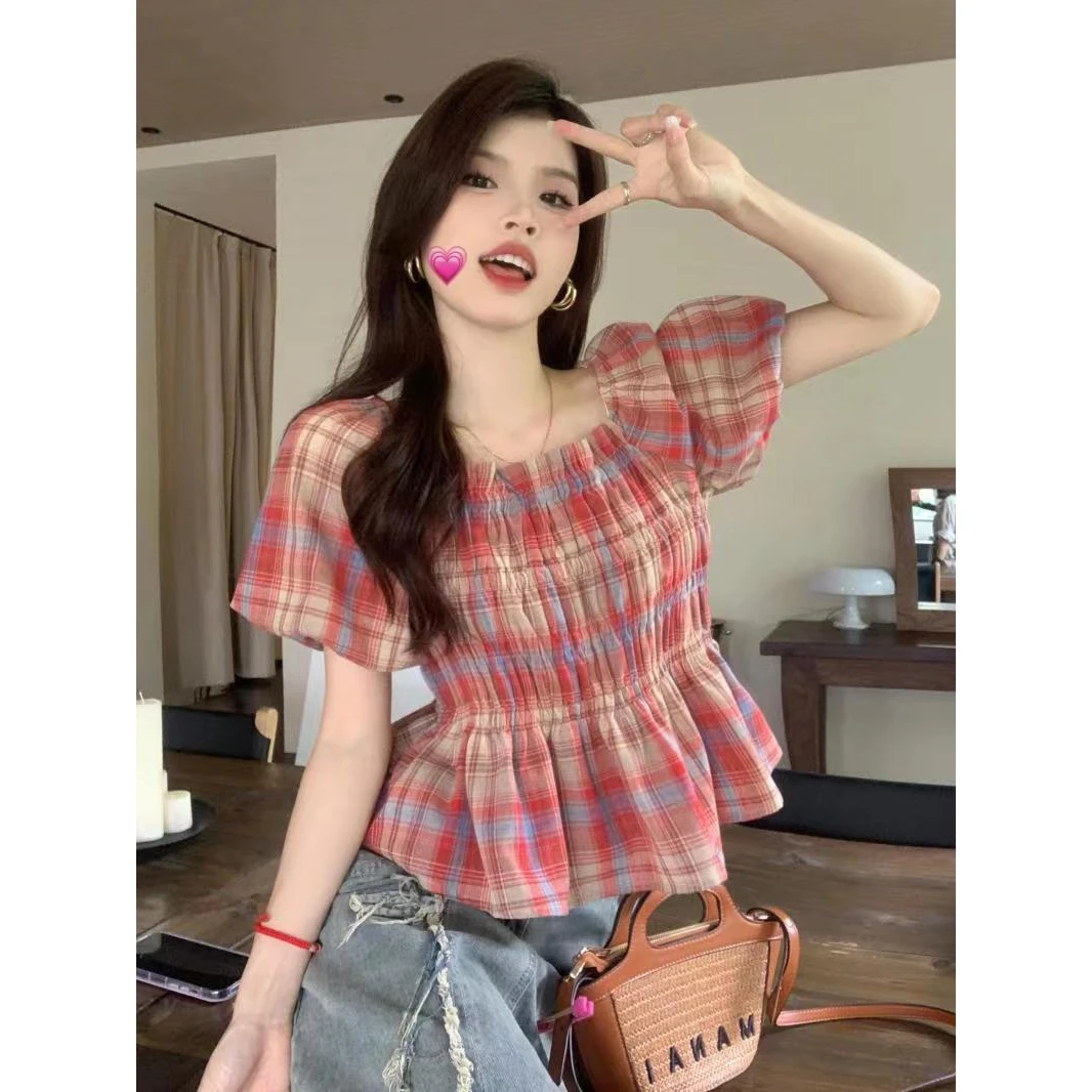 泡泡袖方领格子短袖衬衫女夏季2025新款泡泡袖上衣短款收腰上衣