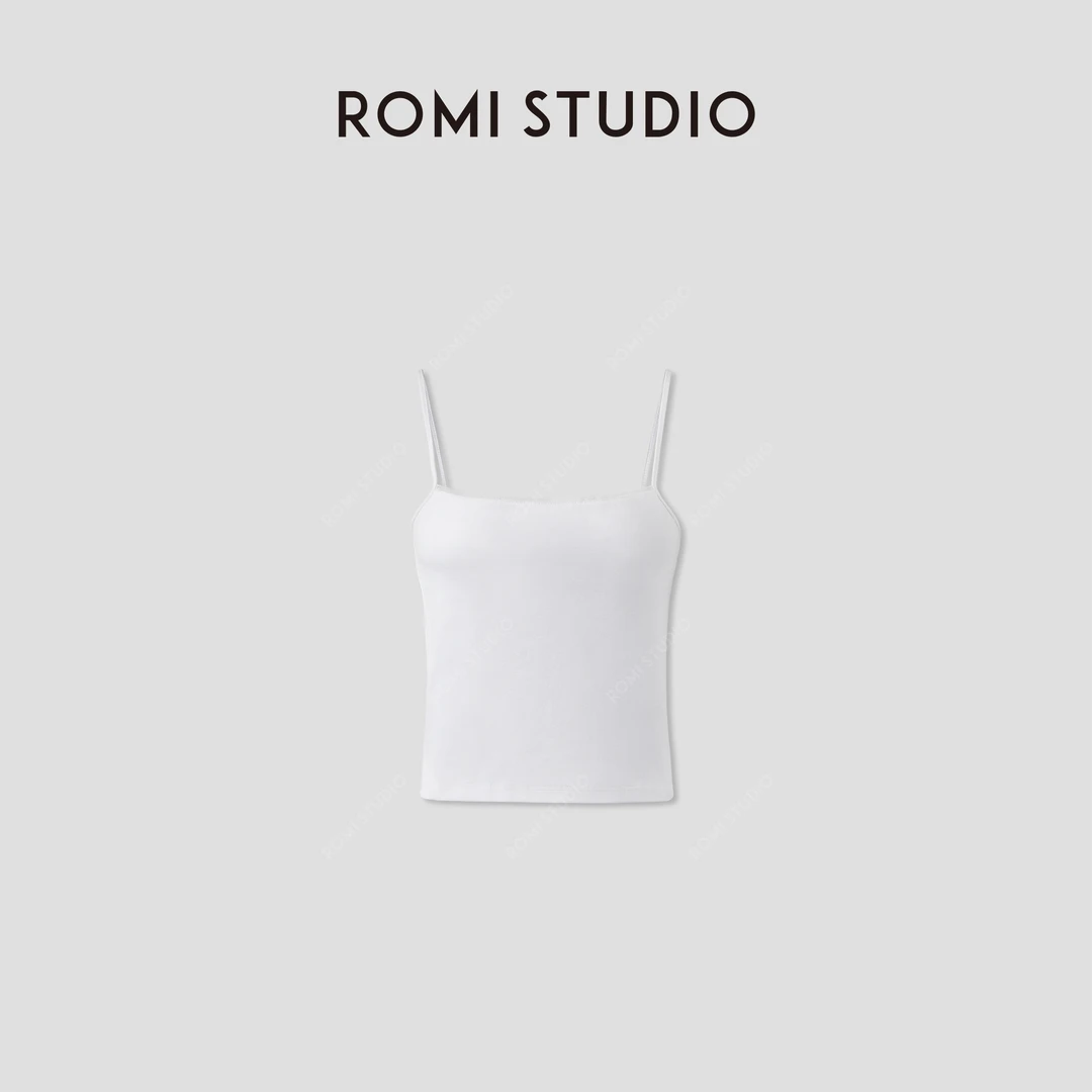 ROMI STUDIO“Clean fit”白色全棉一字领花边吊带背心 RWCSST2626
