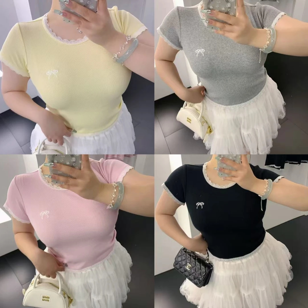 慧芝huizhi 10076蝴蝶结蕾丝T 定制款奶油系甜美少女弹力上衣半袖
