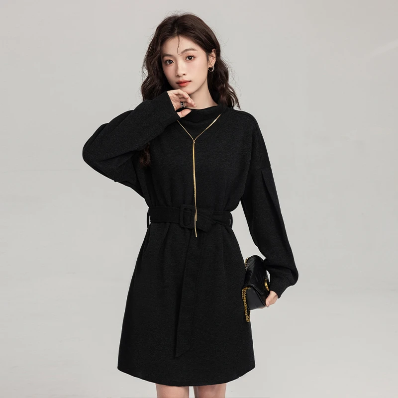 2025春季高级感欧货长袖连衣裙女装极简风黑色收腰显瘦气质A字裙