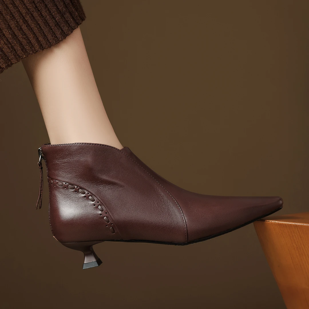 3.5cm复古小方头后拉链及踝靴棕色时尚细跟短靴秋冬百搭中跟裸靴