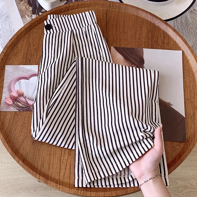 拉夏贝尔条纹窄版冰丝阔腿裤女夏季2025新款高腰小个子防晒直筒裤