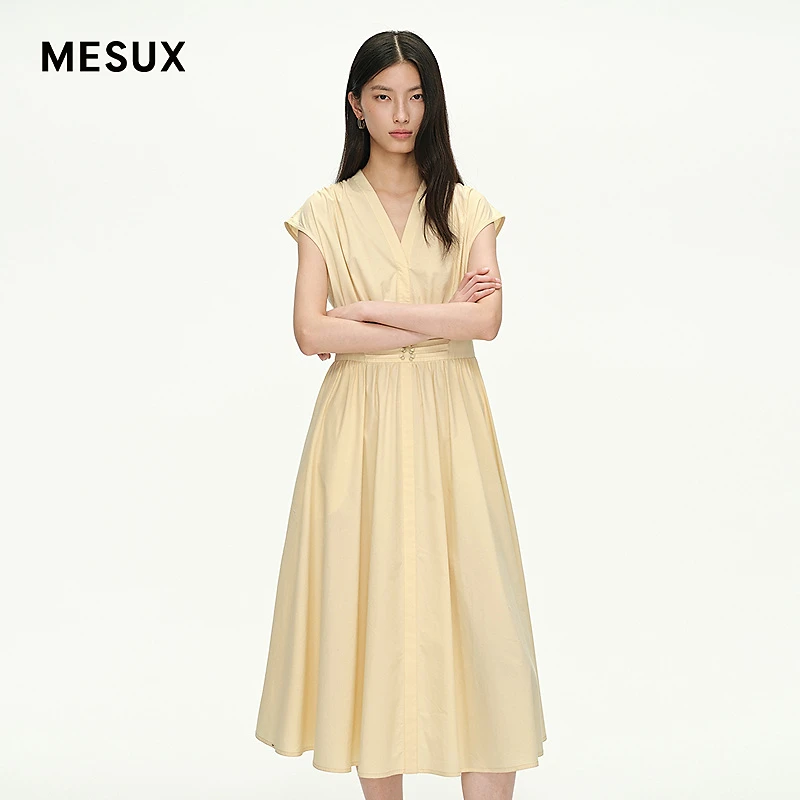 MESUX米岫25夏精梳棉松弛感一字扣收腰A字法式短袖连衣裙MNMUO412