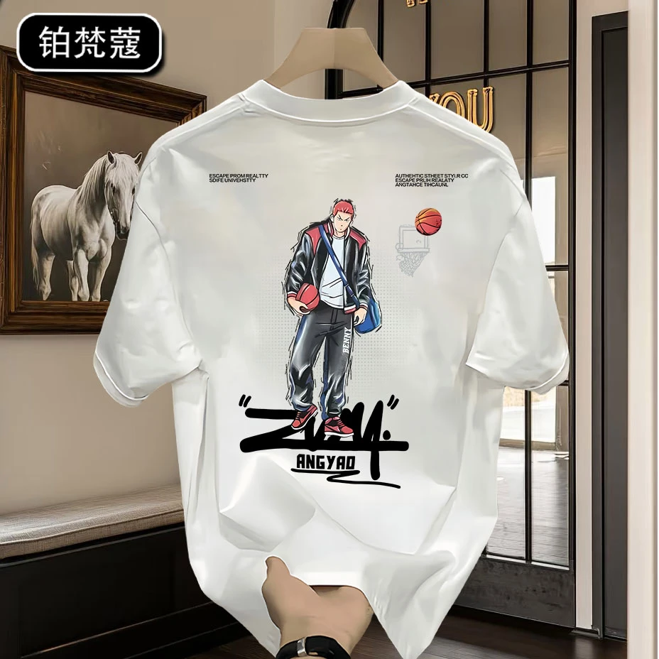 铂梵蔻潮流夏季百搭上衣美式短袖T恤男士痞帅圆领休闲印花纯棉