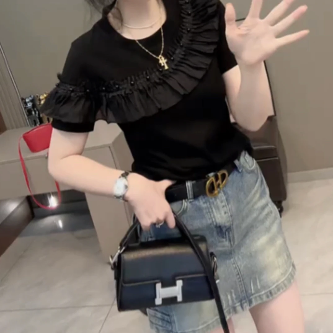 小众修身型短款减龄钉珠设计感短袖荷叶边休闲风T恤