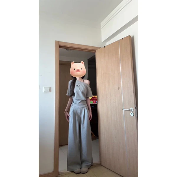 韩系慵懒套装女早春斜肩掐腰长袖上衣灰色宽松直筒阔腿裤两件套