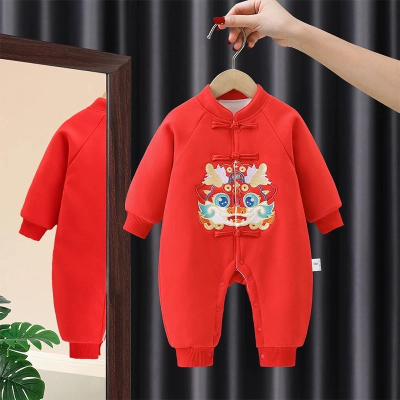 婴儿连体衣秋冬满月宝宝过年喜庆拜年衣服新生儿新年装超萌外出服