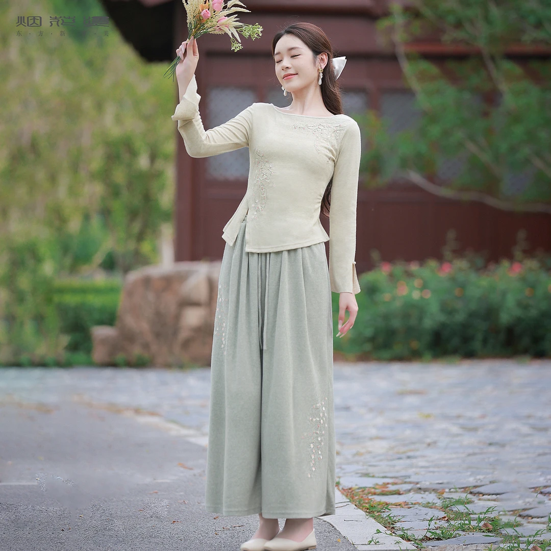 烟花烫国风气质套装女 2025秋季新款仙气针织衫阔腿裤 凝笑笑凝