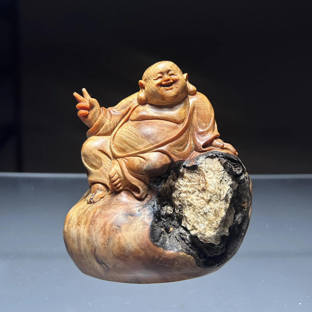 天然抱石弥勒佛手工雕刻木雕摆件