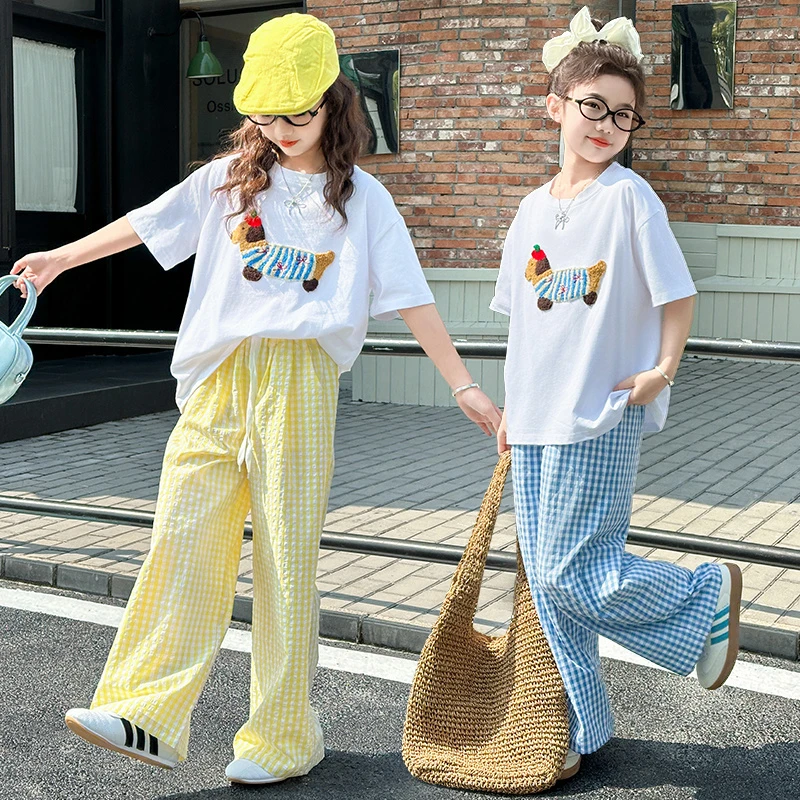 女童短袖套装夏季韩版女孩薄款T恤两件套中大儿童上衣格子休闲裤t
