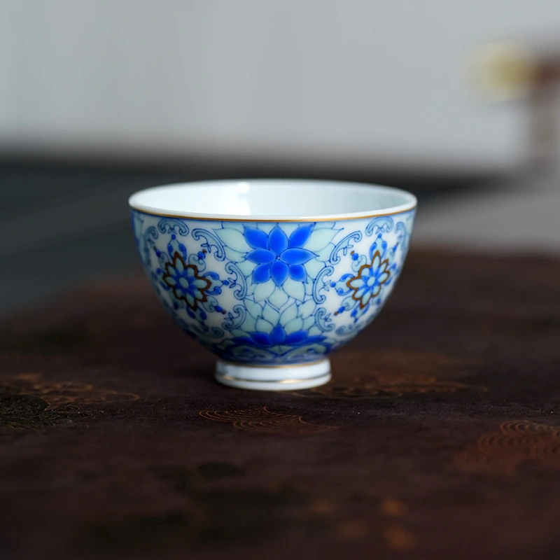 《冉月观隐》冉月斗彩蓝莲花杯陶瓷纯手工主人杯