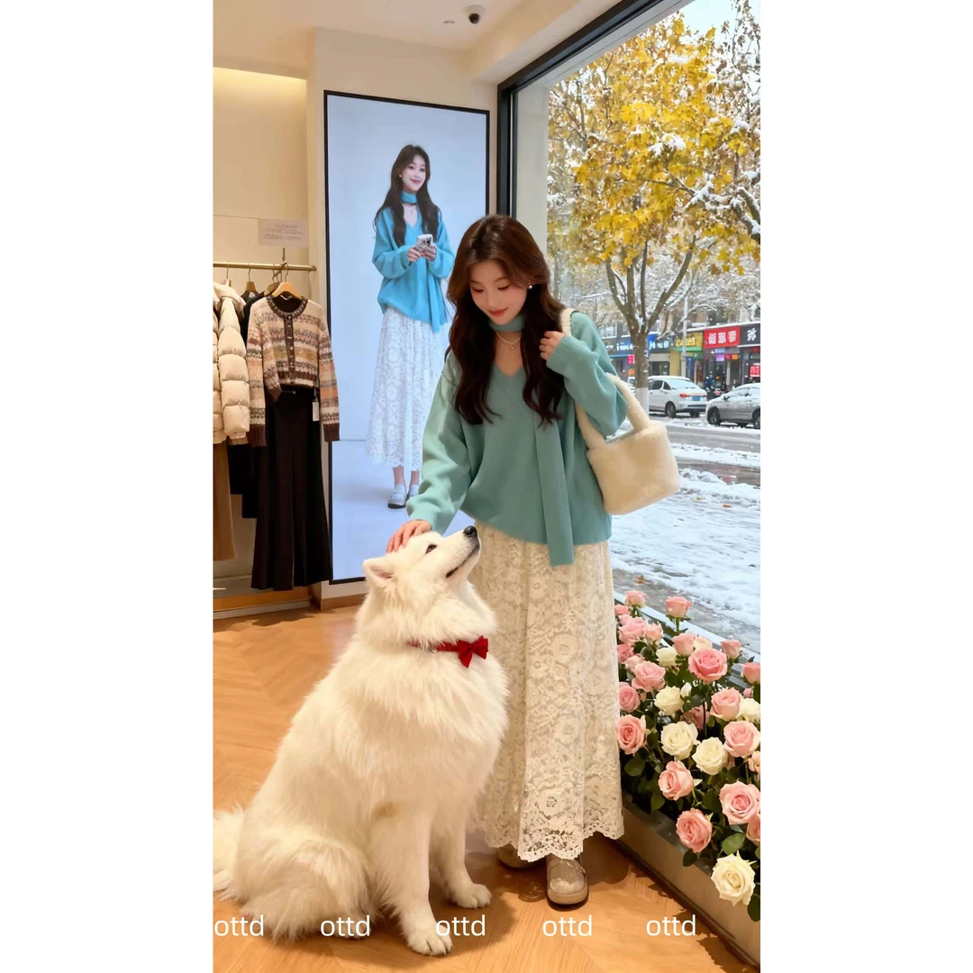 小个子秋冬套装女装2025新款蝴蝶结绑带软糯毛衣针织衫蕾丝半身裙