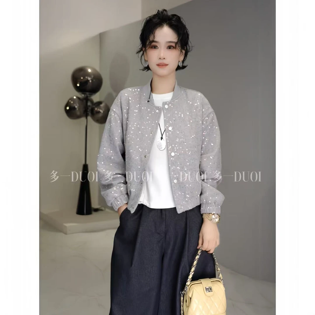 多一“星河”2025春季高级小众设计重工亮片单排扣棒球服短外套