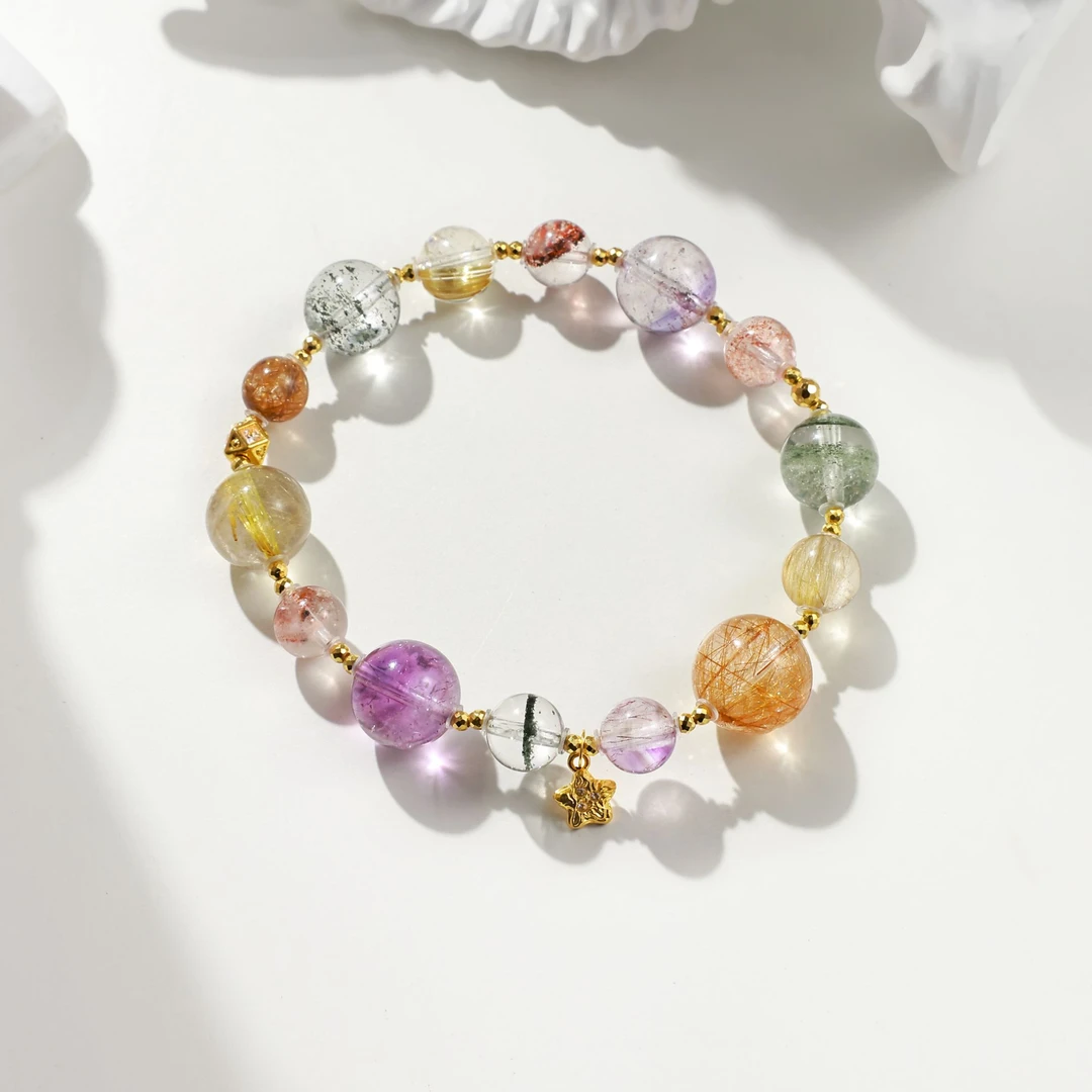 「金满九洲」绿幽灵紫超七金草莓金发晶铜发晶18K金设计款手串