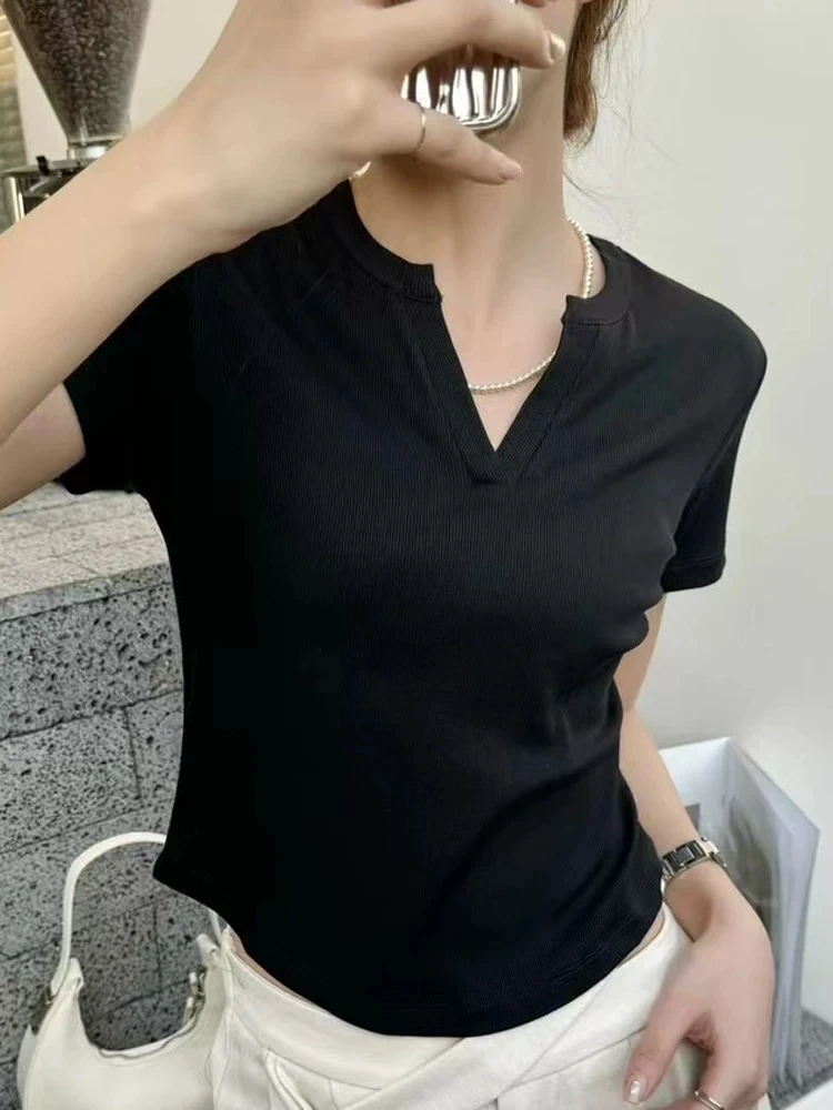 10824#显瘦短袖V领T恤夏季百搭半袖修身纯色设计感洋气修身T恤