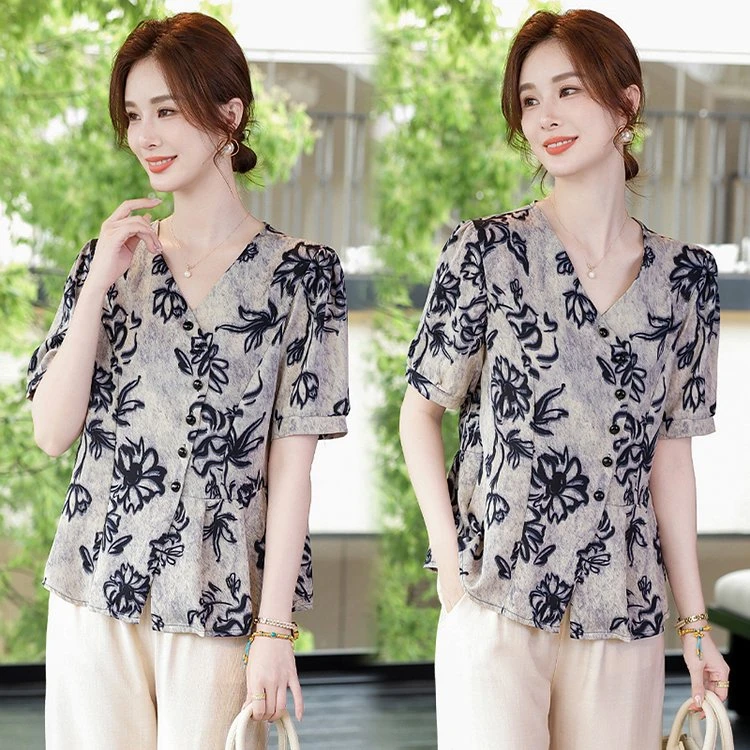 新中式国风V领斜襟短袖衬衫女2025夏季新款轻奢洋气减龄显瘦