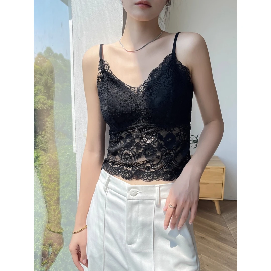 黑色v领蕾丝吊带背心女内搭夏季带胸垫美背无袖短款打底上衣纯欲