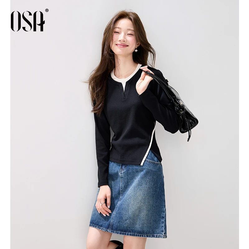 OSA/欧莎 高阶时尚假两件T恤女撞色圆领收腰长袖上衣S125C11024