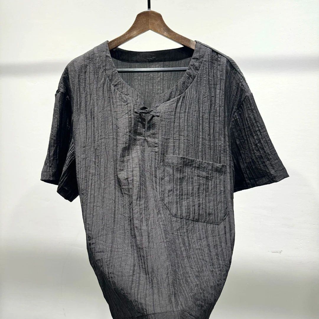 夏季轻奢褶皱高级感轻薄舒适新中式短袖体恤男士潮牌宽松百搭上衣