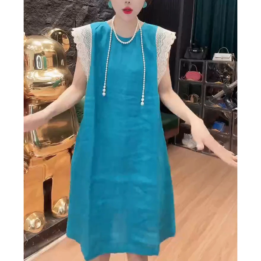 法式洋气宽松显瘦拼接裙子2025夏季新款孔雀蓝百搭飞飞袖连衣裙女