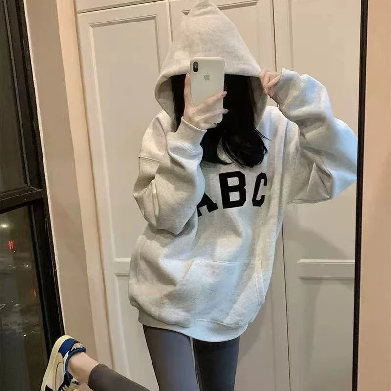 大码长款连帽卫衣宽松加绒印花秋冬美式时尚百搭黑色潮流ins带帽