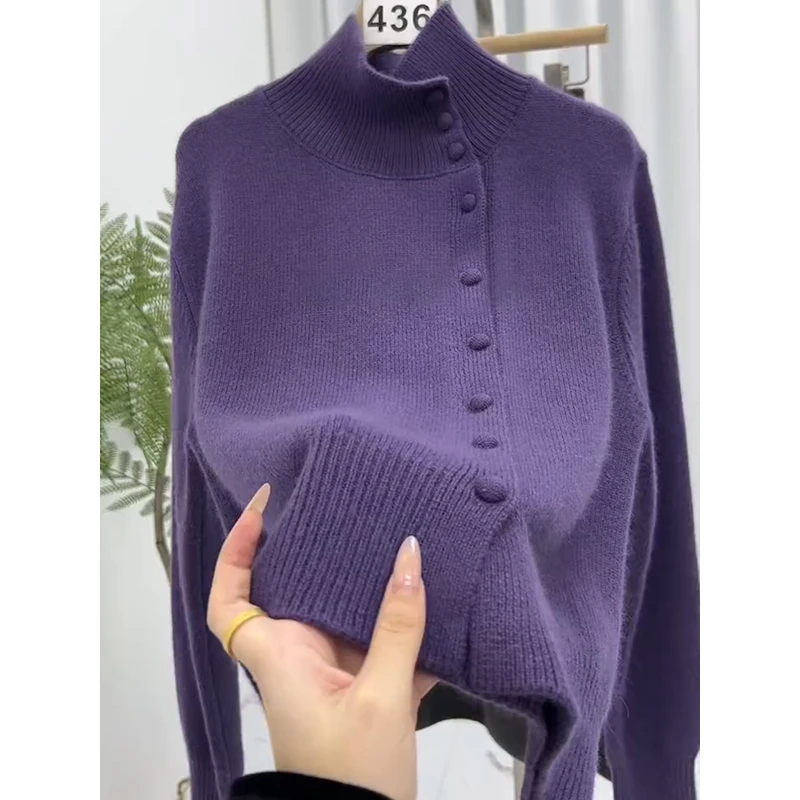 紫色半高领针织开衫女秋冬季2024新款高级感毛衣显瘦百搭长袖上衣