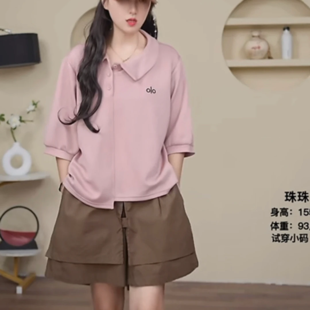 夏季翻领显瘦百搭针织T恤女套头纯色休闲风短袖时尚宽松型ol刺绣