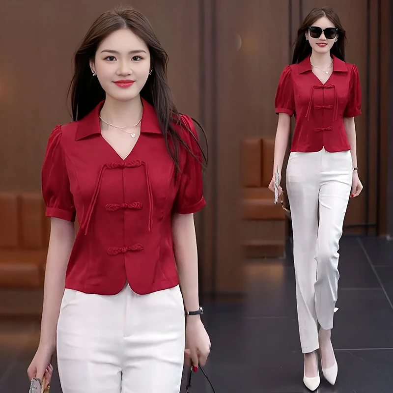 新中式盘扣短袖衬衫女2025年夏季新款时尚气质收腰衬衣洋气小衫潮