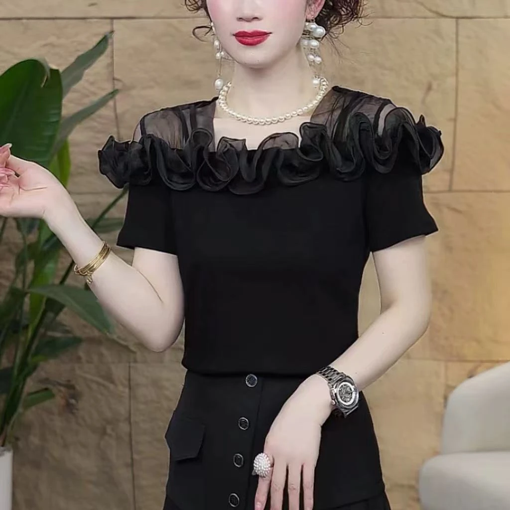 夏季双肩设计网纱花边短袖气质时髦减龄T恤7786