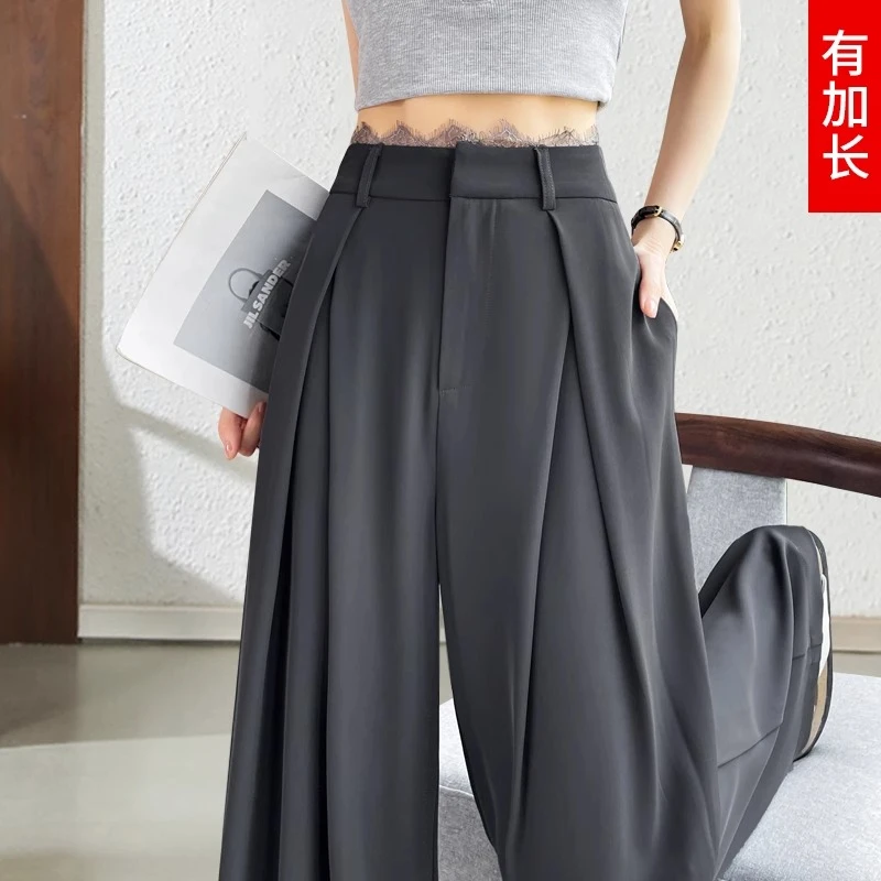 加长灰色阔腿西装裤女2025夏季薄款高个子蕾丝腰直筒垂感拖地裤子