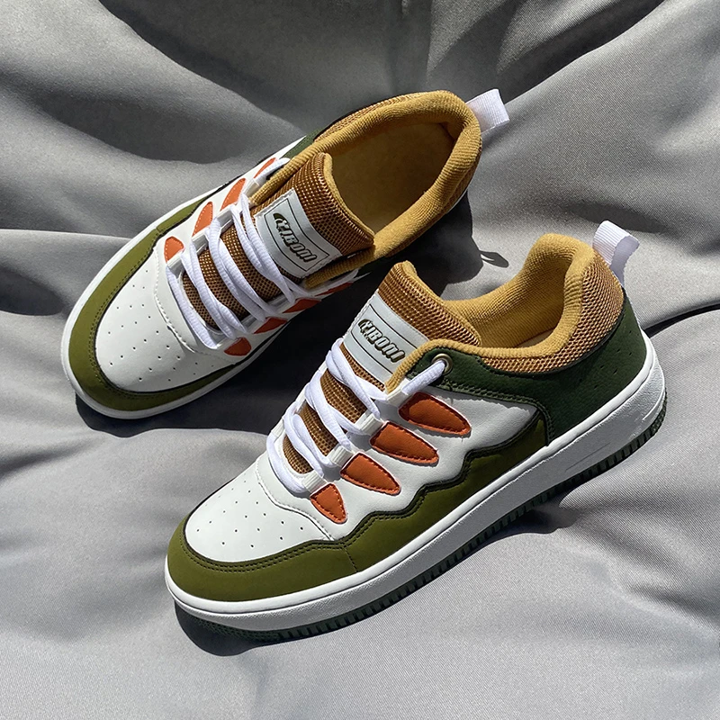 男款45码板鞋绿色男鞋男子皮革拼接潮鞋爆款学院风透气休闲鞋厚底