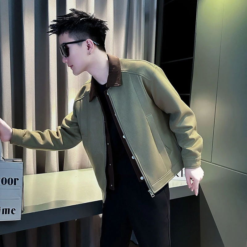 爆款仿麂皮绒外套男春秋韩版潮流褂子2025新款潮牌假两件撞色夹克