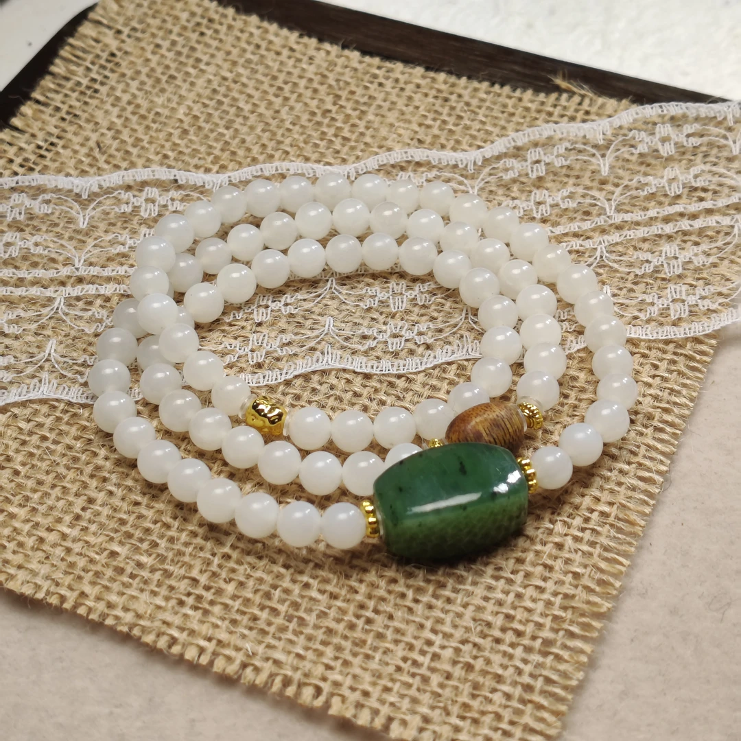 【发如雪】和田玉白玉 碧玉乐子 多圈手串卡6mm