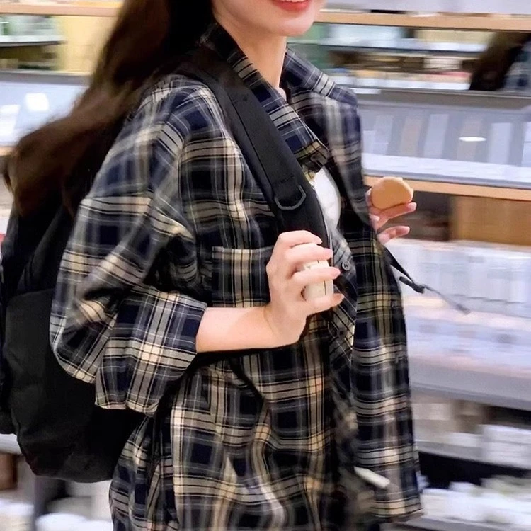 美式复古格子衬衫女2025新款宽松休闲中长款防晒衬衣外套上衣女神