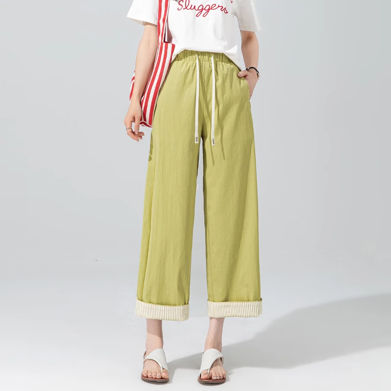 冰丝阔腿裤女夏薄款中空纱裤子女2025新款显瘦直筒裤松紧腰九分裤