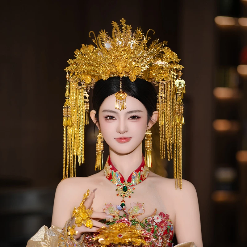 合金婚庆饰品 2025新娘高端龙凤冠金色整冠奢华凤冠霞帔发饰G0213