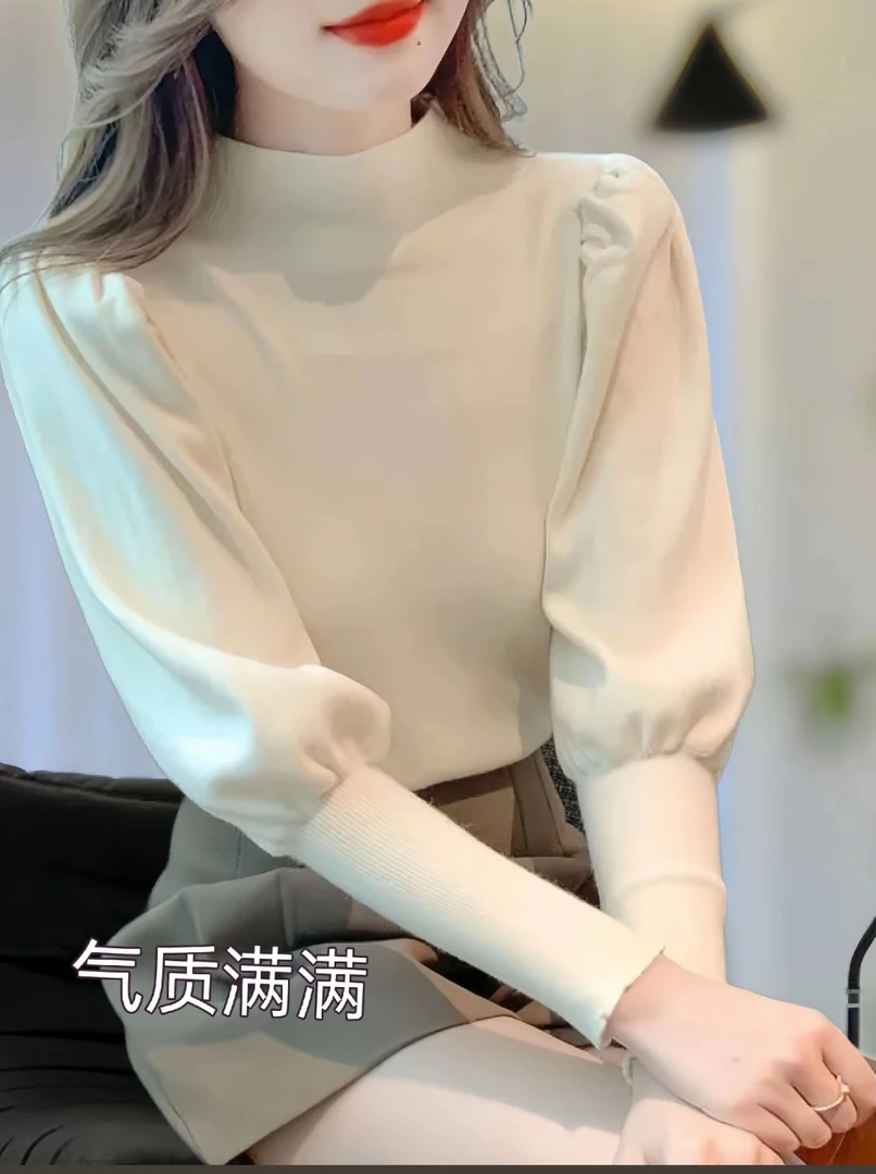 半高领薄款德绒棉微宽松泡泡袖长袖遮肉显瘦减龄百搭款打底衫