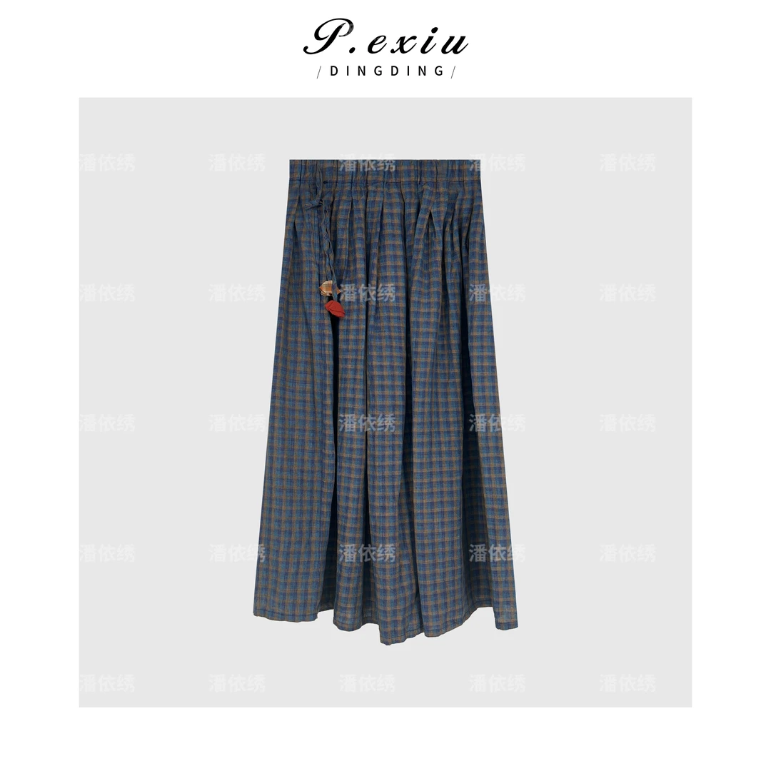 亚麻韩系撞色格子松紧腰半身裙 Q10921