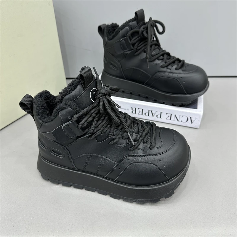 女款休闲百搭加绒加厚高帮纯色冬季新款高定欧货舒适洋气潮流潮鞋