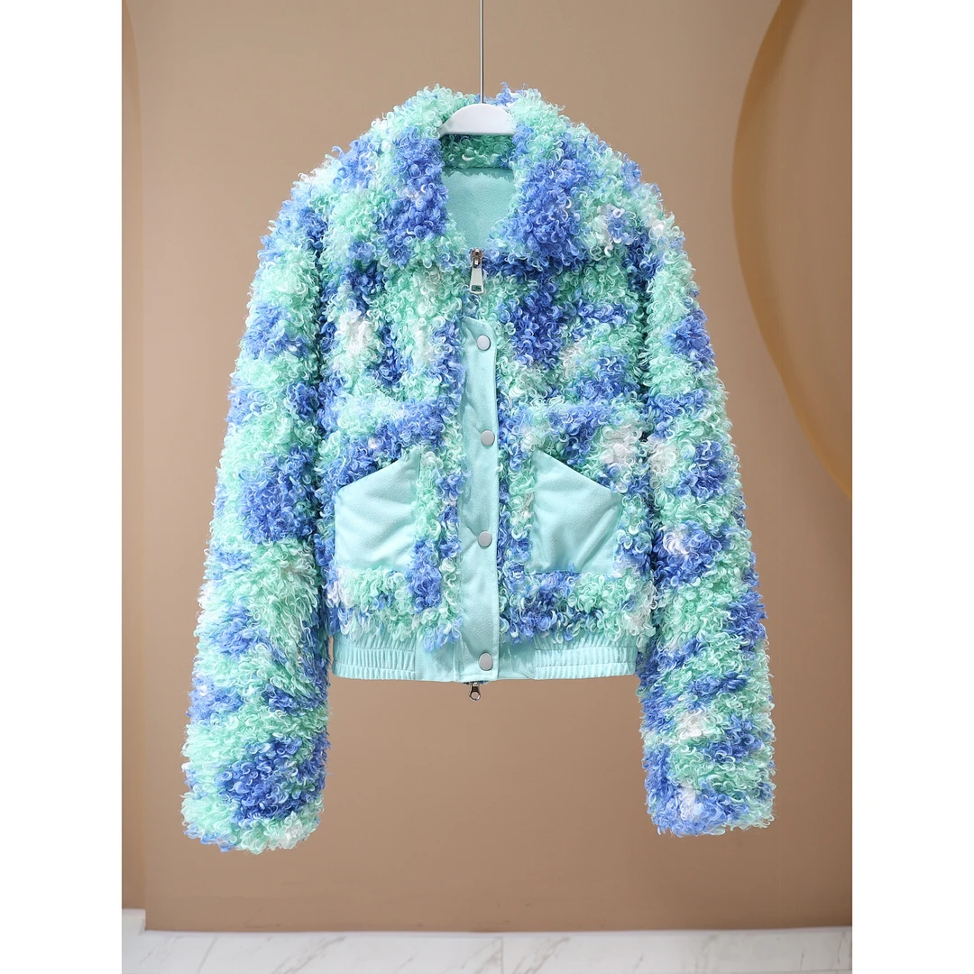 【韩哥女装】冬季紫绿扎染毛毛衣小众设计翻领拼接外套5177