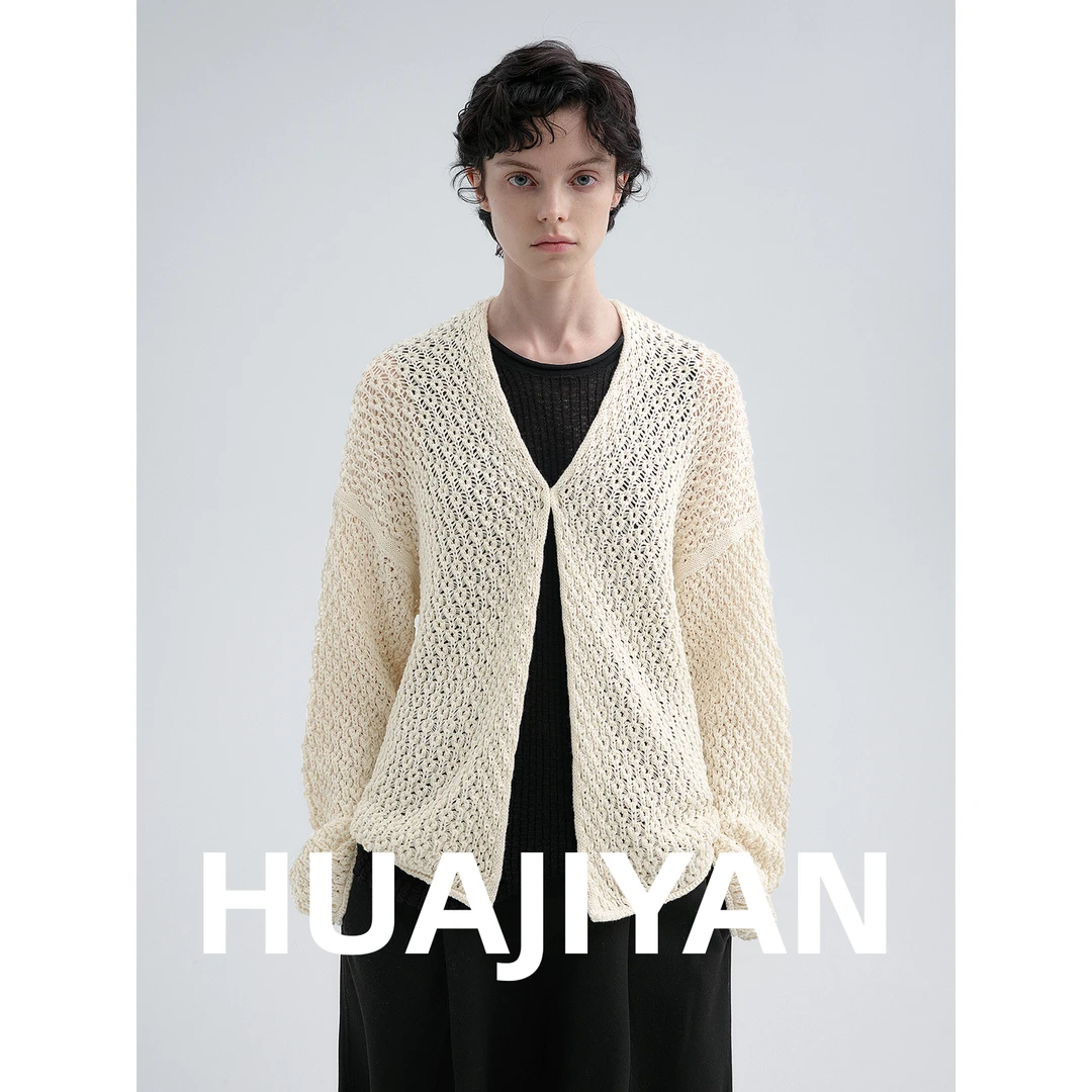 华吉言/HUAJIYAN【声声慢】定制纱线钩织立体镂空肌理一粒扣开衫
