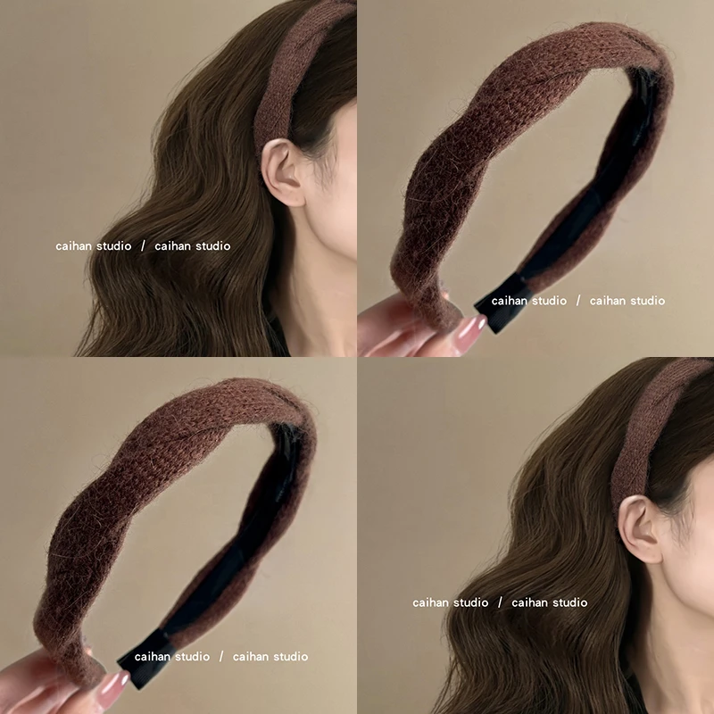 可可松果褐~毛绒绒麻花发箍女2024新款高颅顶压发头箍百搭盘发器
