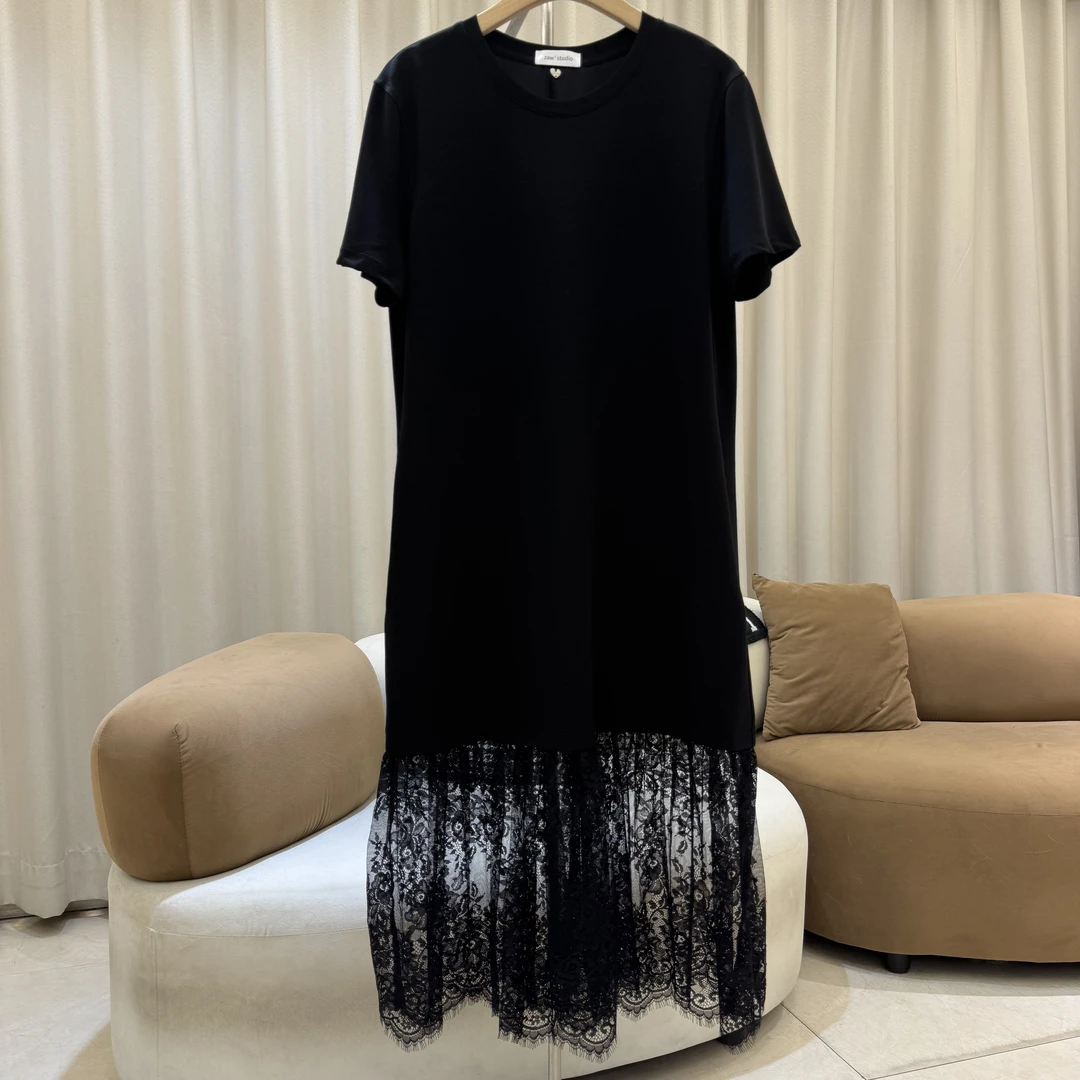 zaw大码蕾丝拼接短袖连衣裙宽松百搭胖mm遮肚子显瘦裙子