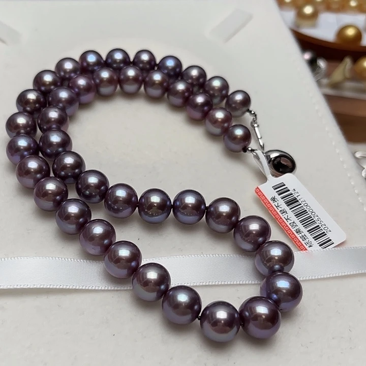 银S925镶嵌颈饰淡水珍珠9-12近正圆蓝莓妖紫