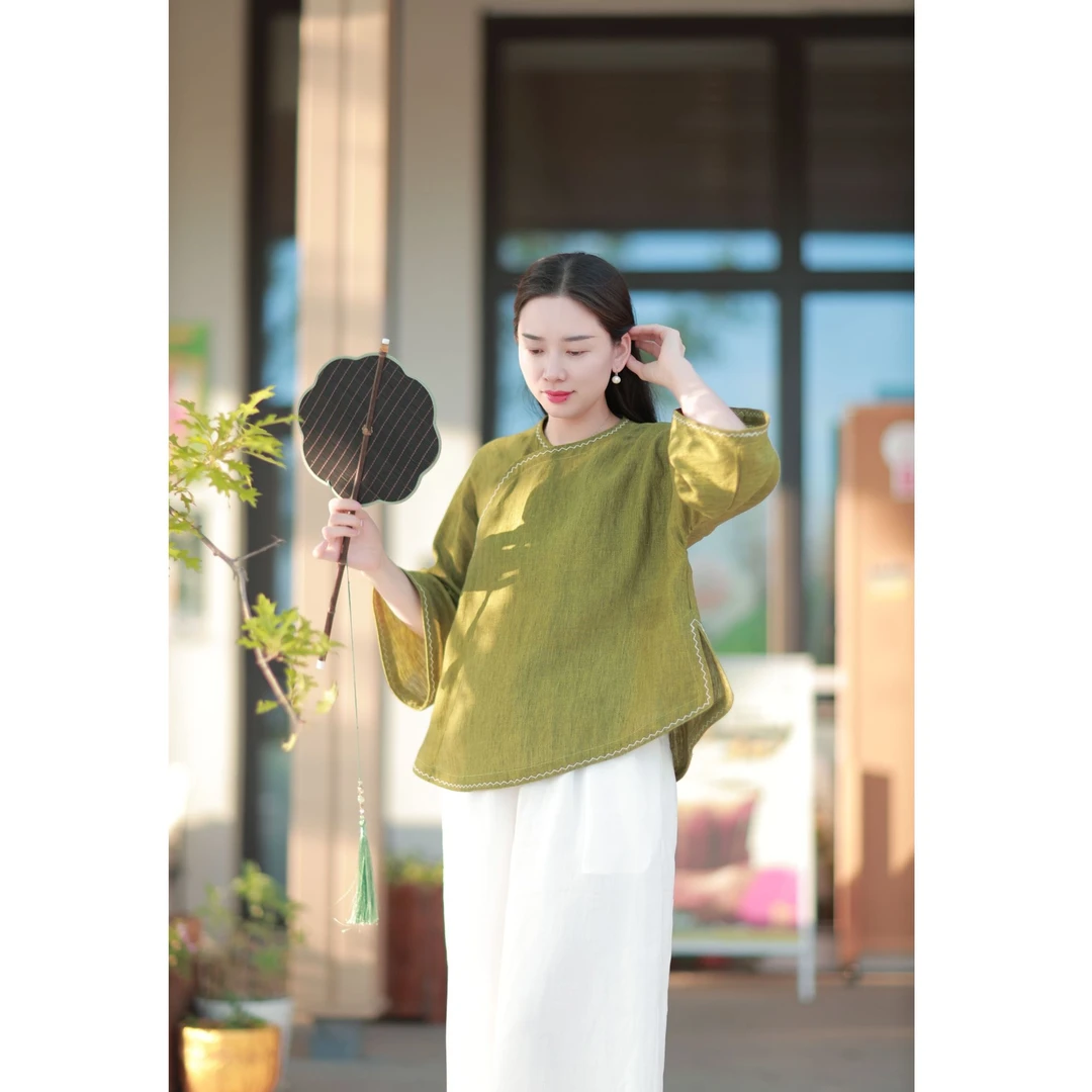 【清诗宴】手工三角针定制刺绣花边套头衫清凉通勤新中式斜襟上衣