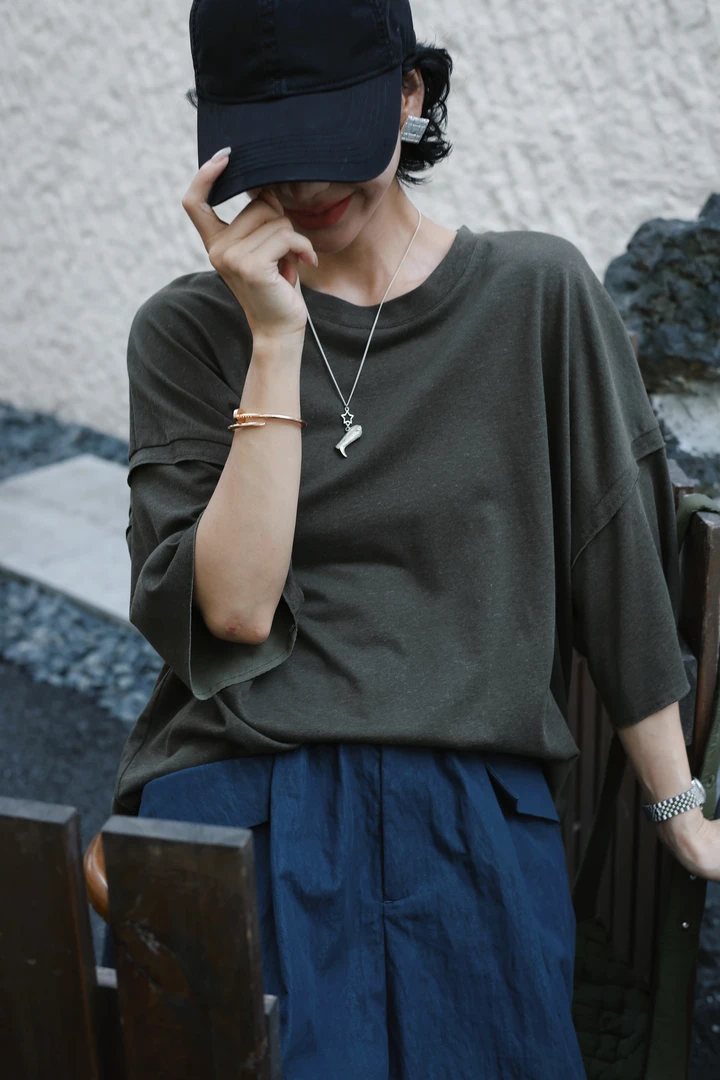 TT设计师【迷雾】亚麻莱赛尔自然肌理设计高级时尚t恤TT190447