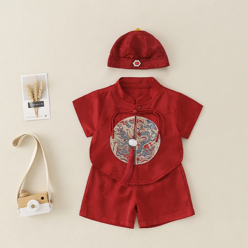 男宝宝夏装套装薄款中式唐装婴儿红色衣服百天周岁礼服夏季三件套