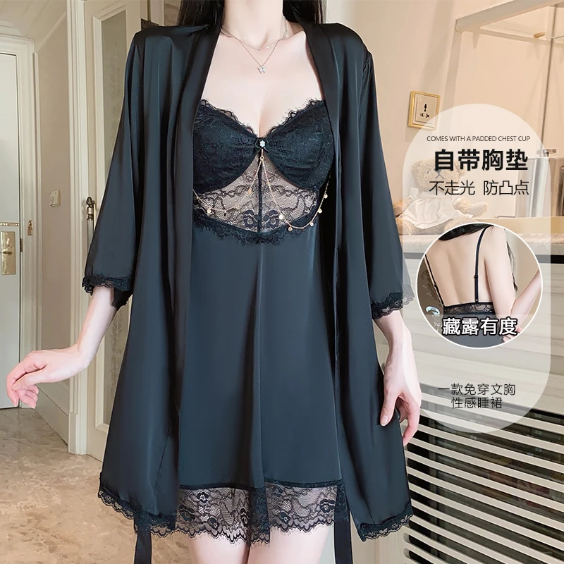 [桃涩甄选]轻奢冰丝睡衣火辣露背深V聚拢加胸垫睡裙